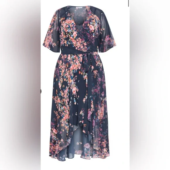 NWT City Chic Floral Navy  Wrap Maxi High low size 18 🌸BC BAG 07 - Picture 3 of 7